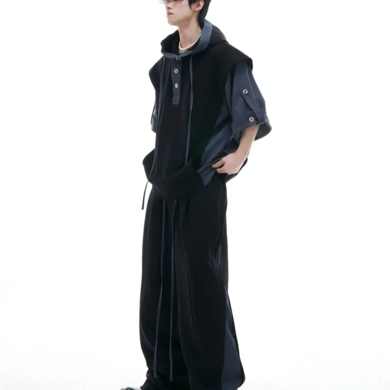 Men's black and grey polyester tracksuit with hooded jacket featuring three-dimensional stitching design