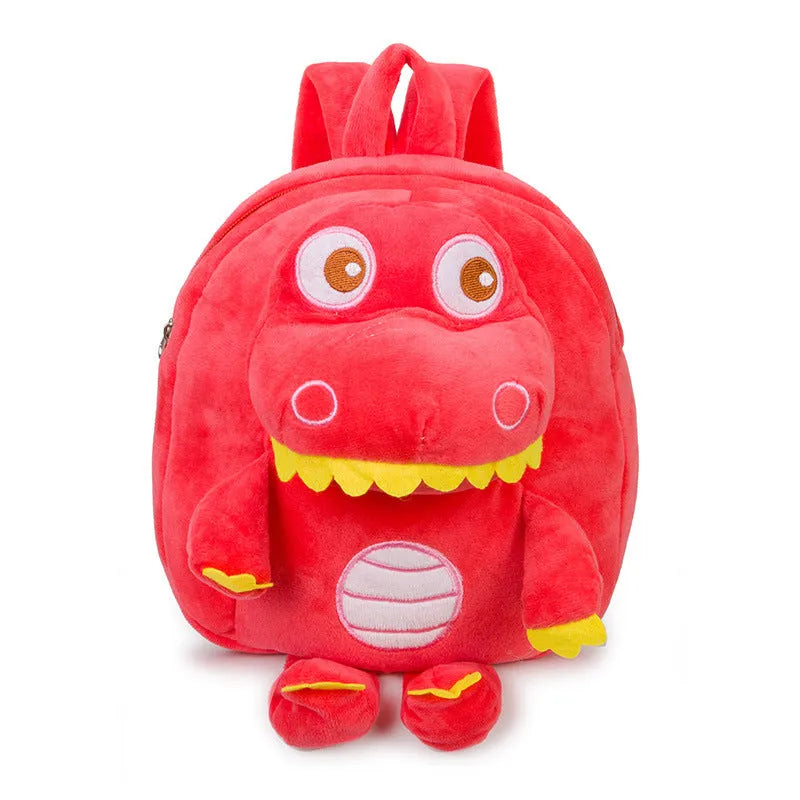 Soft blue dinosaur plush backpack for children with embroidered dinosaur pattern and a soft handle.