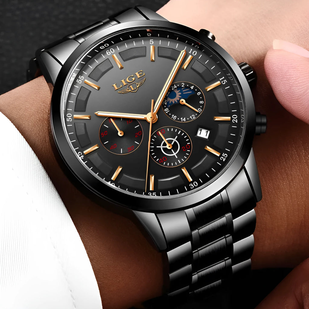 Men's waterproof quartz sports watch with 12mm case in black and rose red gold colour
