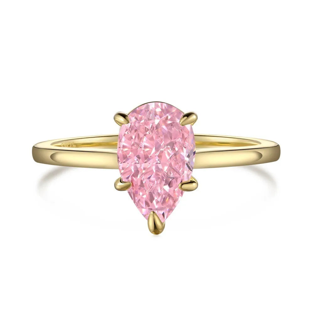 Sterling silver ring with pear-shaped high-grade zircon inlay, closed band, electroplated finish, multiple colours available