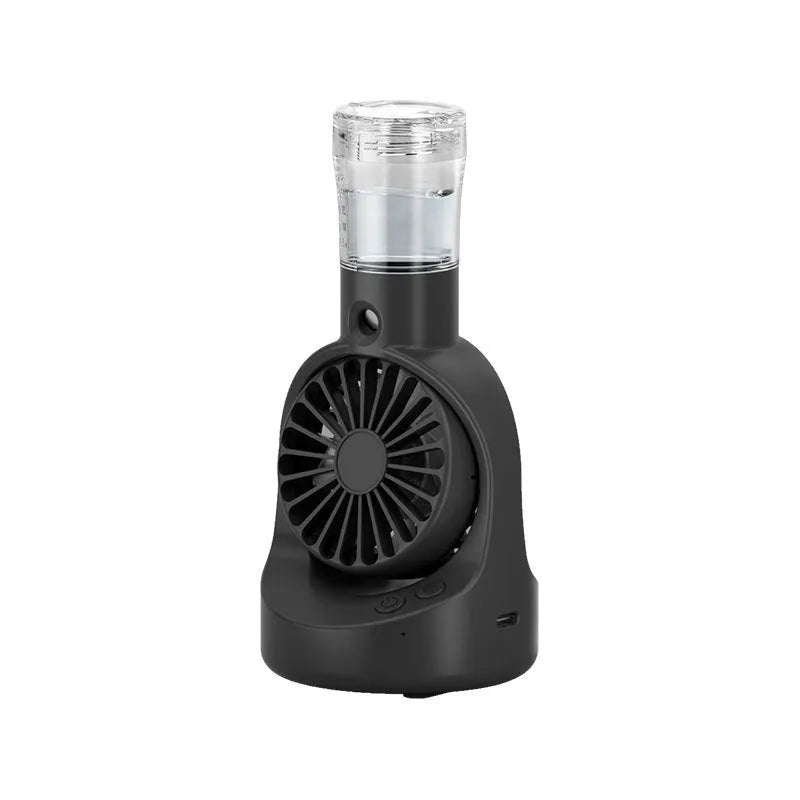 Portable handheld spray fan with 4-speed mist, transparent water tank, and button control in black