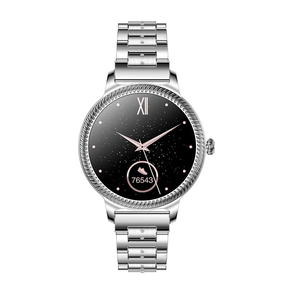 AK38 ladies smart watch with stainless steel wristband and 1.09-inch display