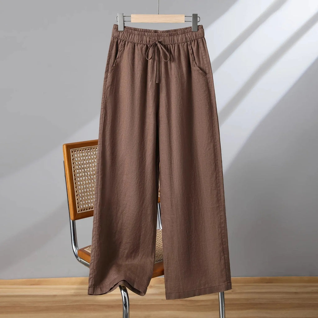 Women's straight-leg casual trousers with drawstring waist in polyester fabric