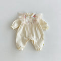 Baby cotton jumpsuit in apricot colour, long climbing style with pullover closure, suitable for heights 66cm to 100cm