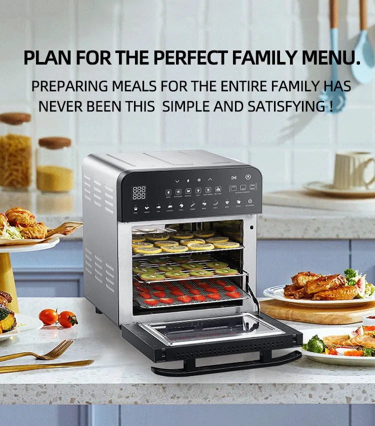 Silver stainless steel double heating air oven with 15L capacity and electronic touch panel