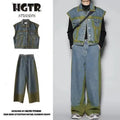Blue distressed fleece-lined vest and jeans two-piece suit set on a model