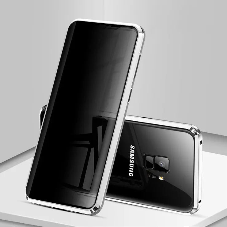 Magnetic anti-peeping phone case for Samsung Galaxy with double-sided glass construction in clamshell design