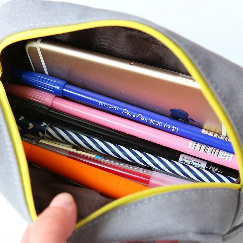 Medium square blue canvas pencil case with cat cartoon print and zipper closure