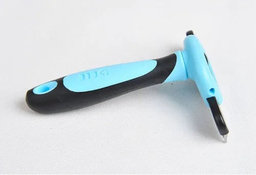 Pet hair removal comb for long straight hair pets in three sizes S M L and blue or pink colour options