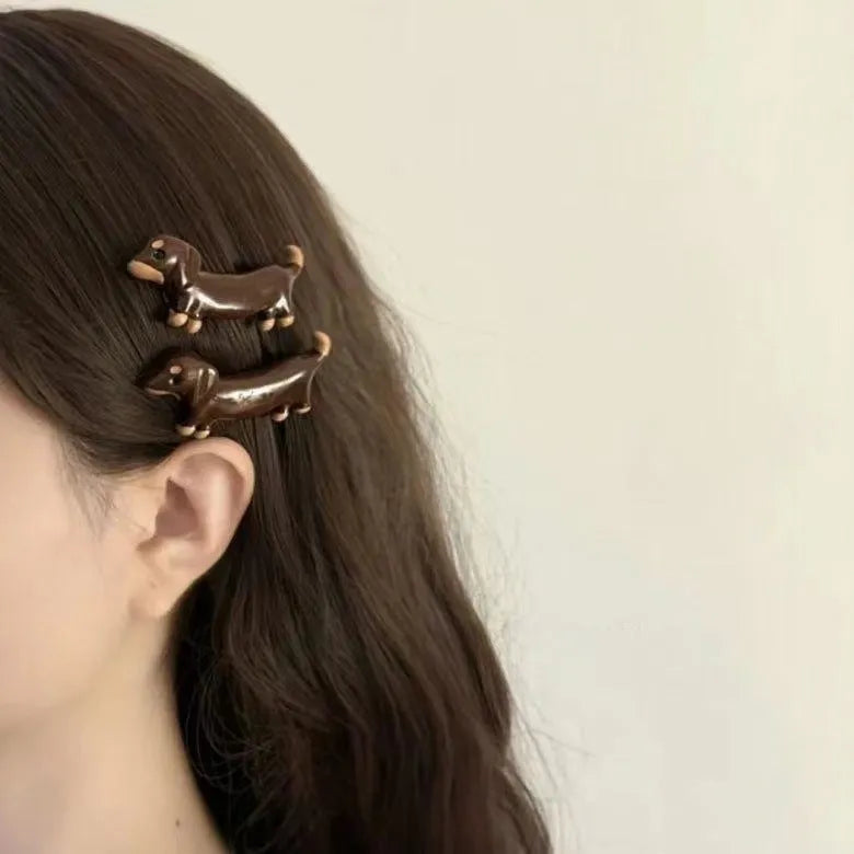 Dachshund dog design hair barrettes with electroplated mixed material construction