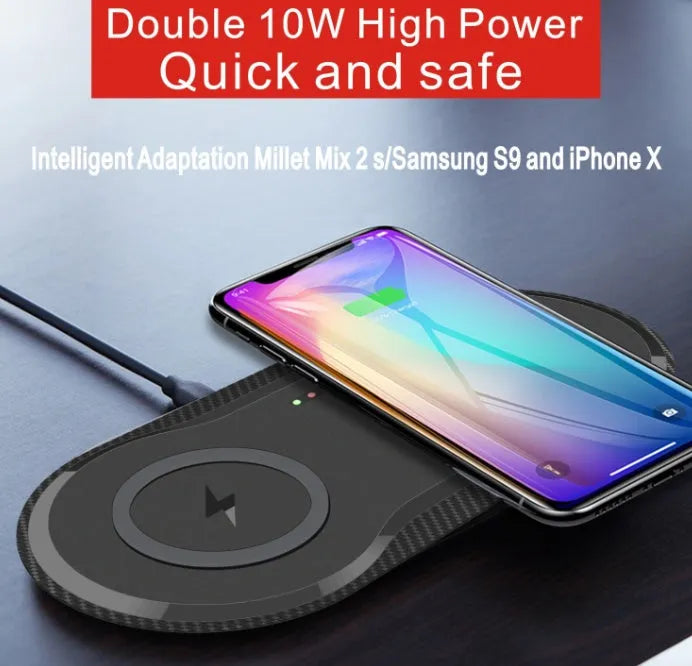 Black and white dual-coil 10W wireless charging pad for two mobile phones