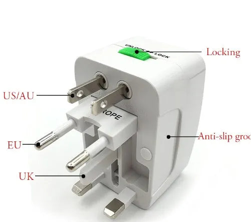 Universal travel socket adapter plug with compact dimensions for worldwide device charging