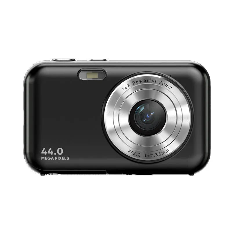 DC406L children's digital mini camera in pink showing 2.4-inch screen and lens.