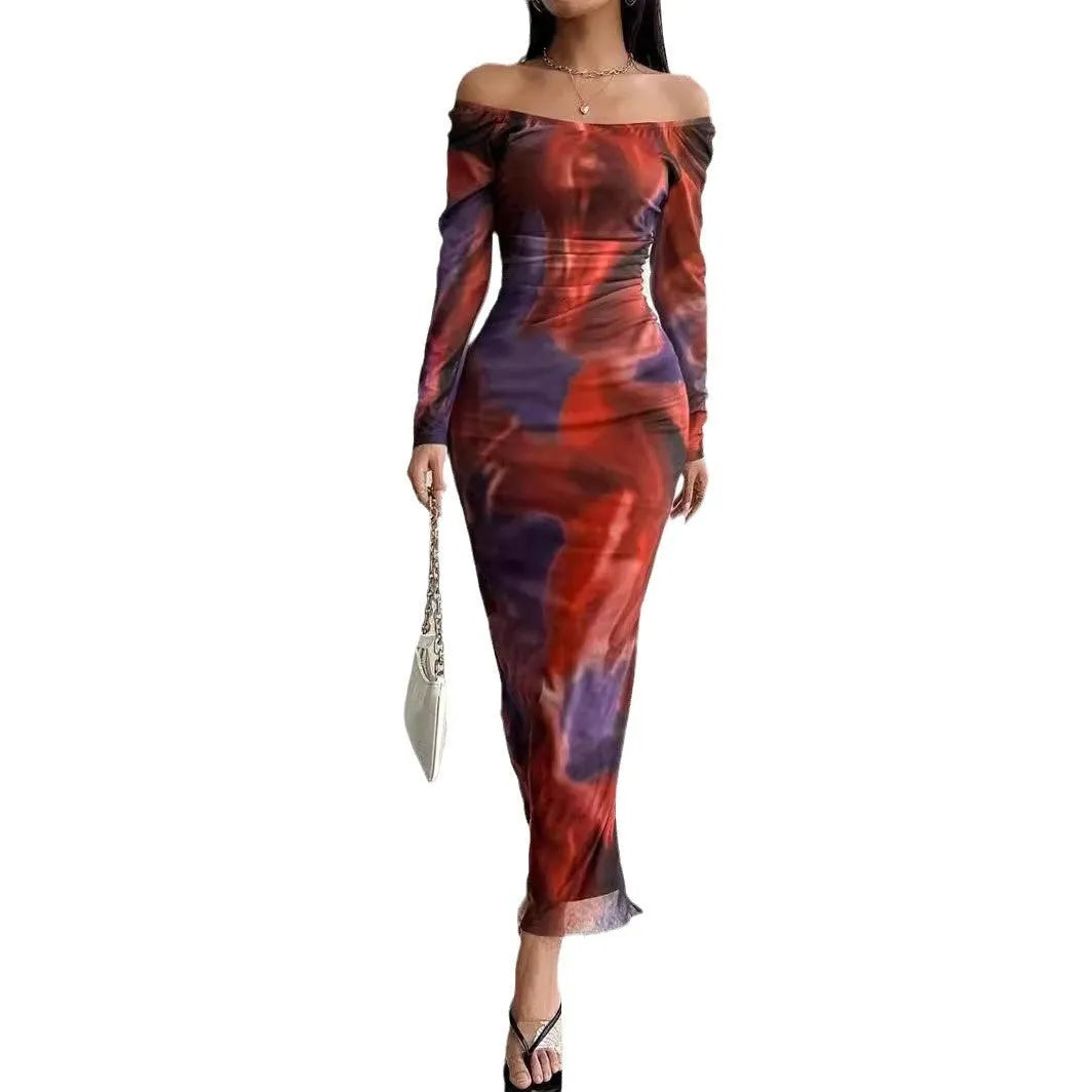 Women's green printed pleated mesh fishtail dress with a square collar and side split.