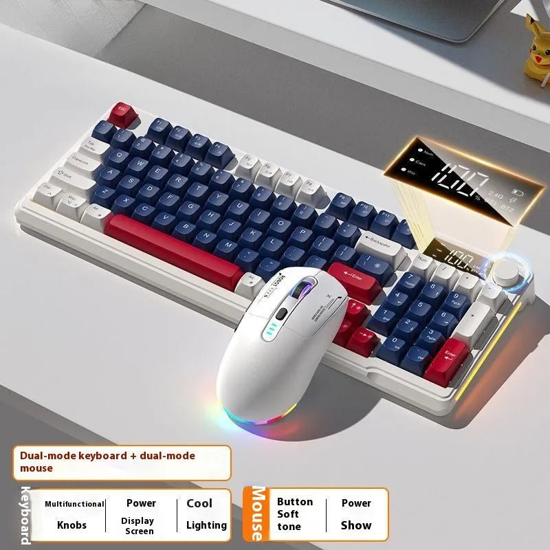 Wireless Bluetooth keyboard and mouse set with ball cap keycaps and multiple colour options on a desk