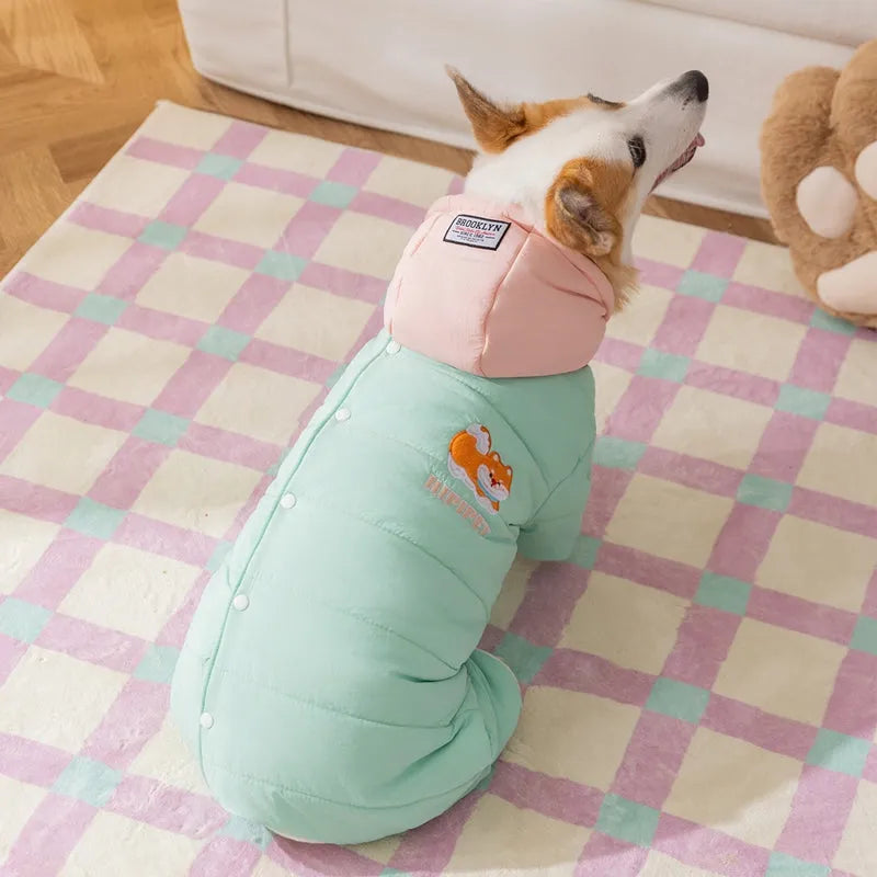 Autumn winter corgi dog clothes with removable cap, thick cotton four-legged jumpsuit in brown with bear embroidery