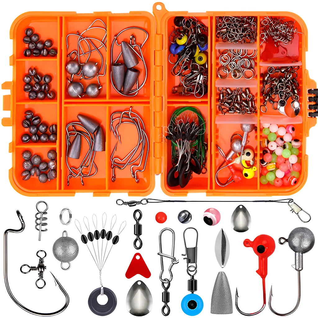 Weihe 257-piece fishing lure accessories set in an orange or black ABS plastic tackle box.