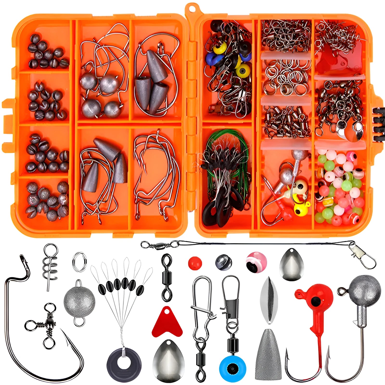 Weihe 257-piece fishing lure accessories set in an orange or black ABS plastic tackle box.