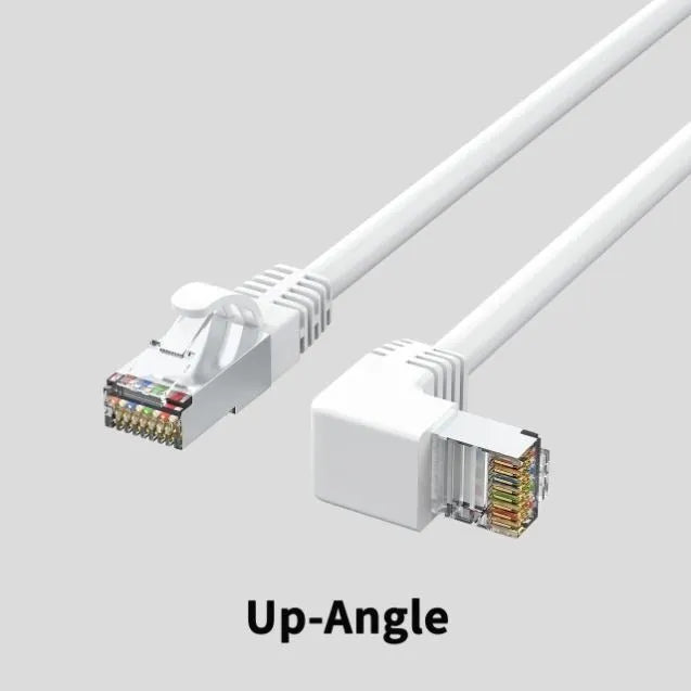 Cat6 Ethernet cable with right-angle RJ45 connector in various colours and lengths