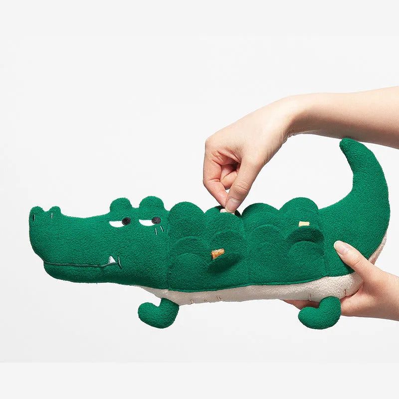 Green plush dog toy measuring 35cm long and 18cm wide for interactive pet play