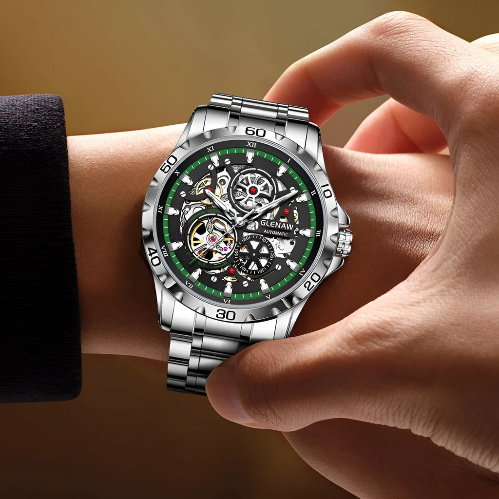 Men's automatic mechanical watch with hollow-out design showing movement through dial and case back