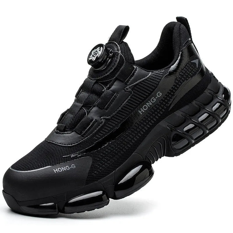Lightweight low-top work safety shoe with a Flyweave upper, front lacing, and a steel toe cap.