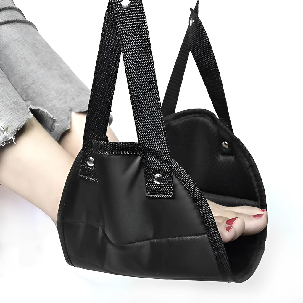 Black Oxford cloth portable foot hammock with adjustable straps for travel airplane use