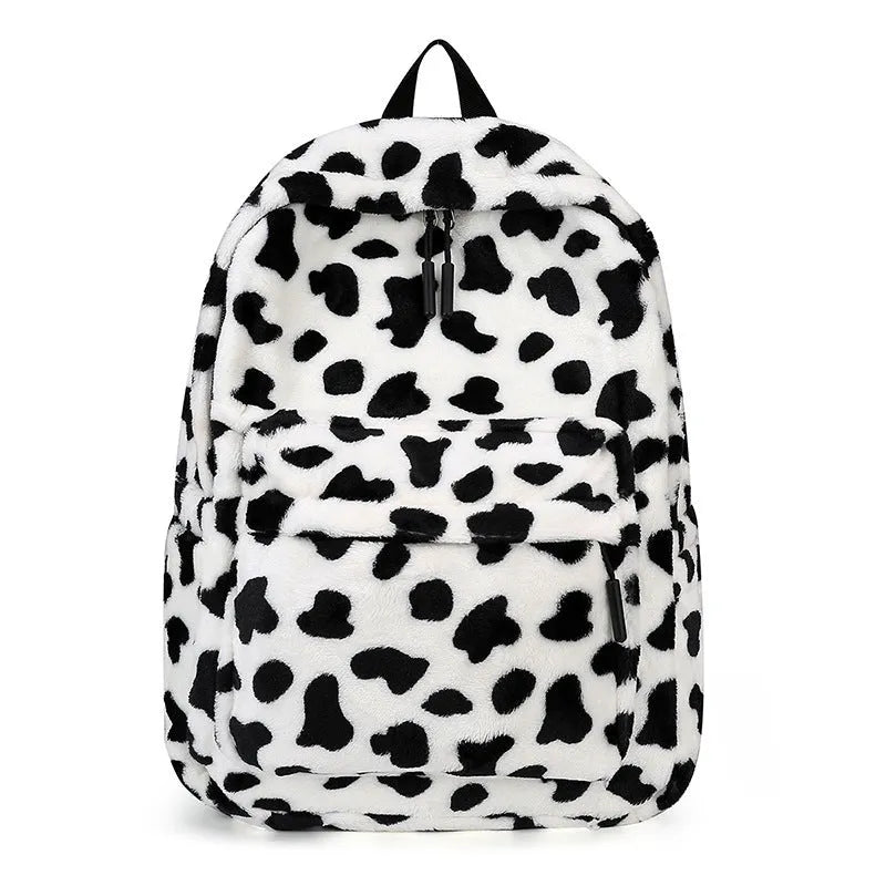 Fall cute plush student backpack with three-dimensional pocket in cow style colour