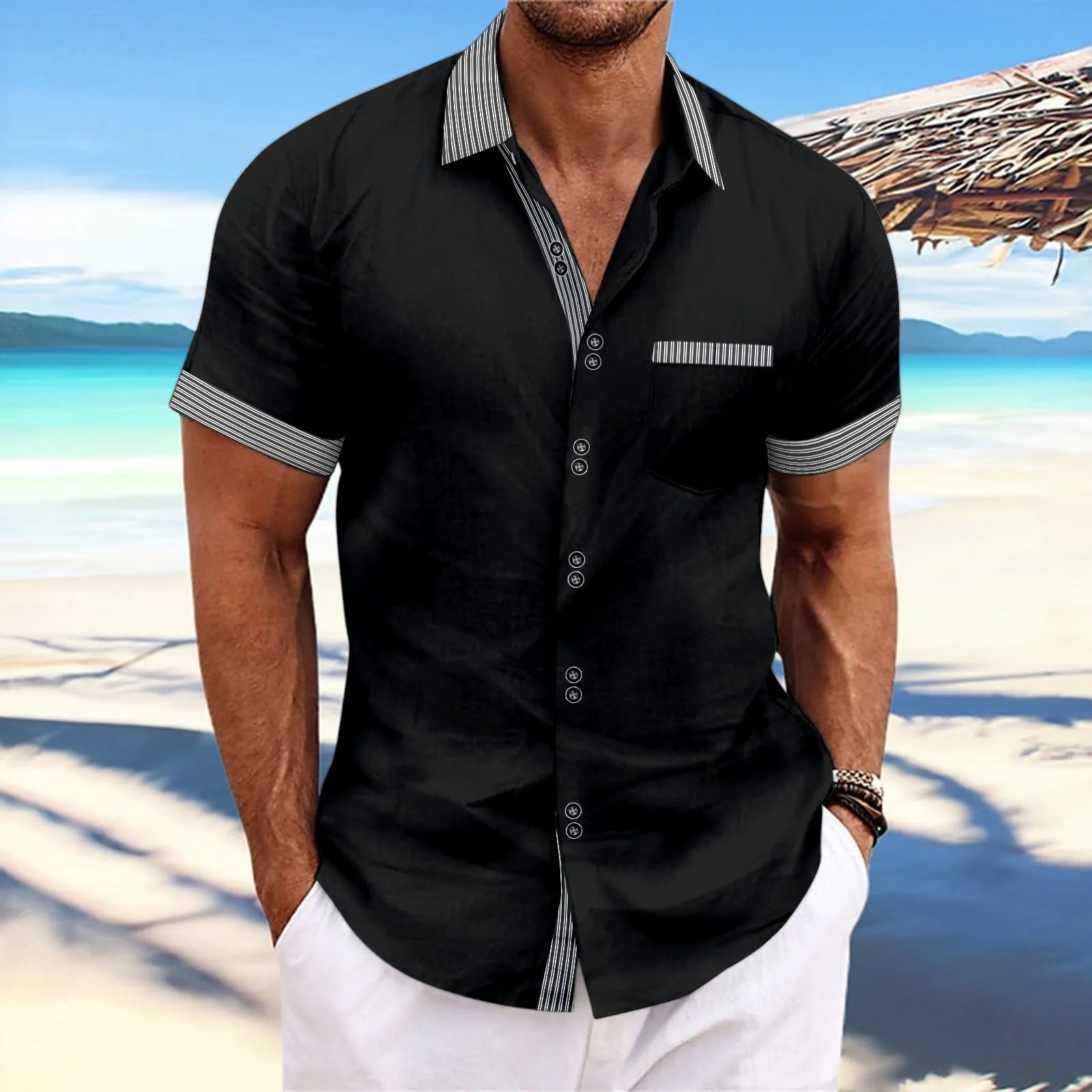 Men's pure cotton striped slim fit casual shirt with double-button short sleeves in light blue colour