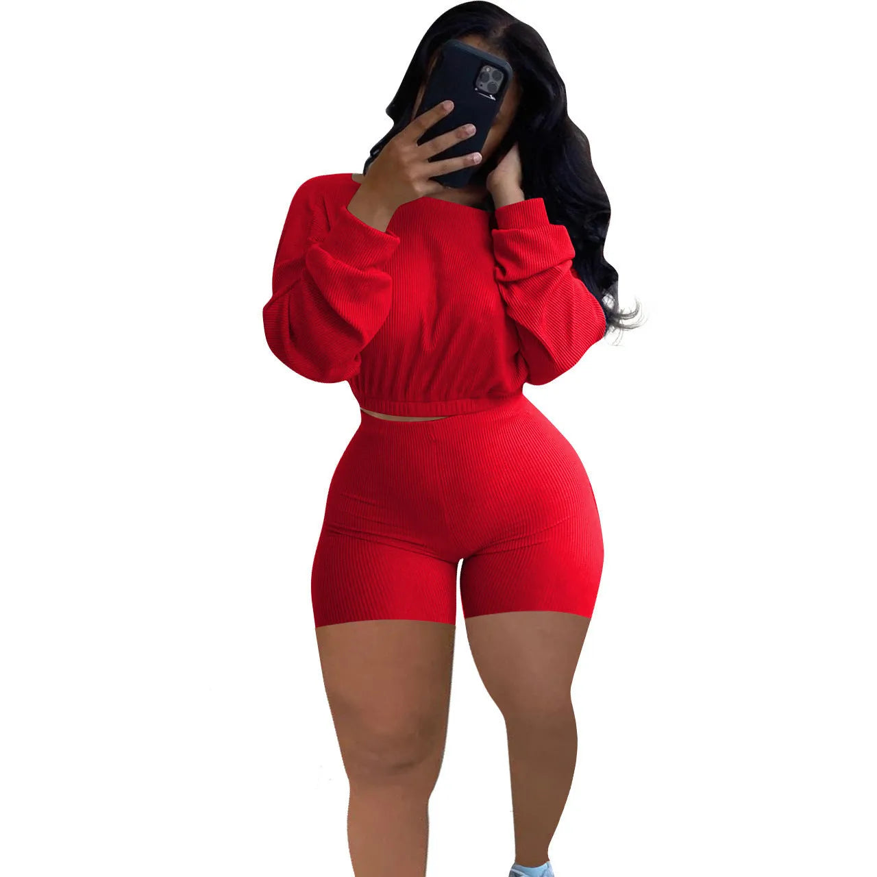 Women's solid colour off-the-shoulder top with sunken stripe detail and matching shorts, a two-piece set with long sleeves.
