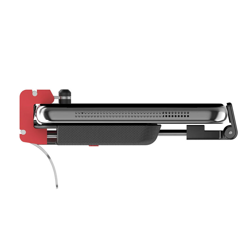 Black mobile phone gaming trigger bracket showing adjustable metal trigger and telescopic phone clamp.