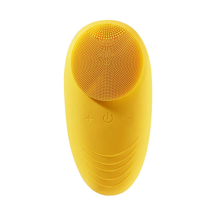 Mini electric facial cleansing brush with silicone head in pink, USB cable, compact 12x6x2.5cm