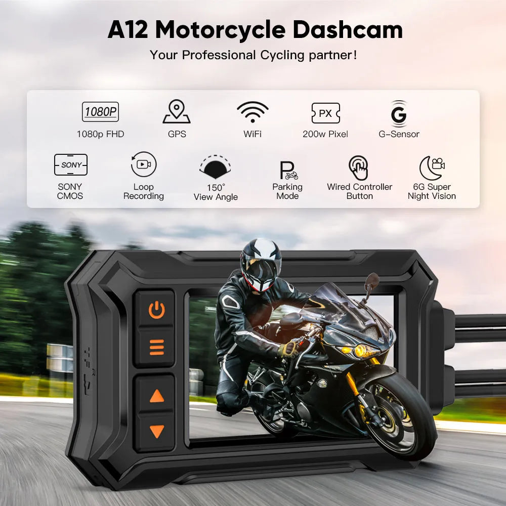 3 inch motorcycle dashcam with dual lenses, GPS module, and installation accessories for front/rear recording