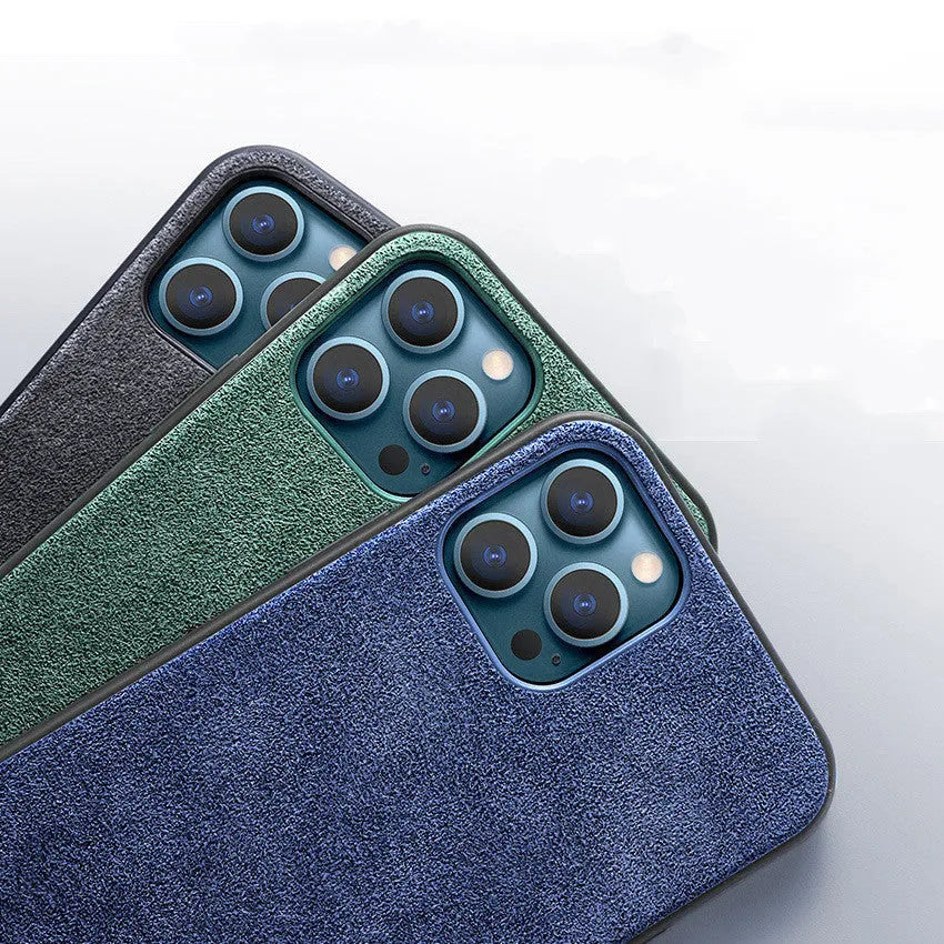 Suede full-cover back case for iPhone in elegant black, dark night green, and dark blue colour options.