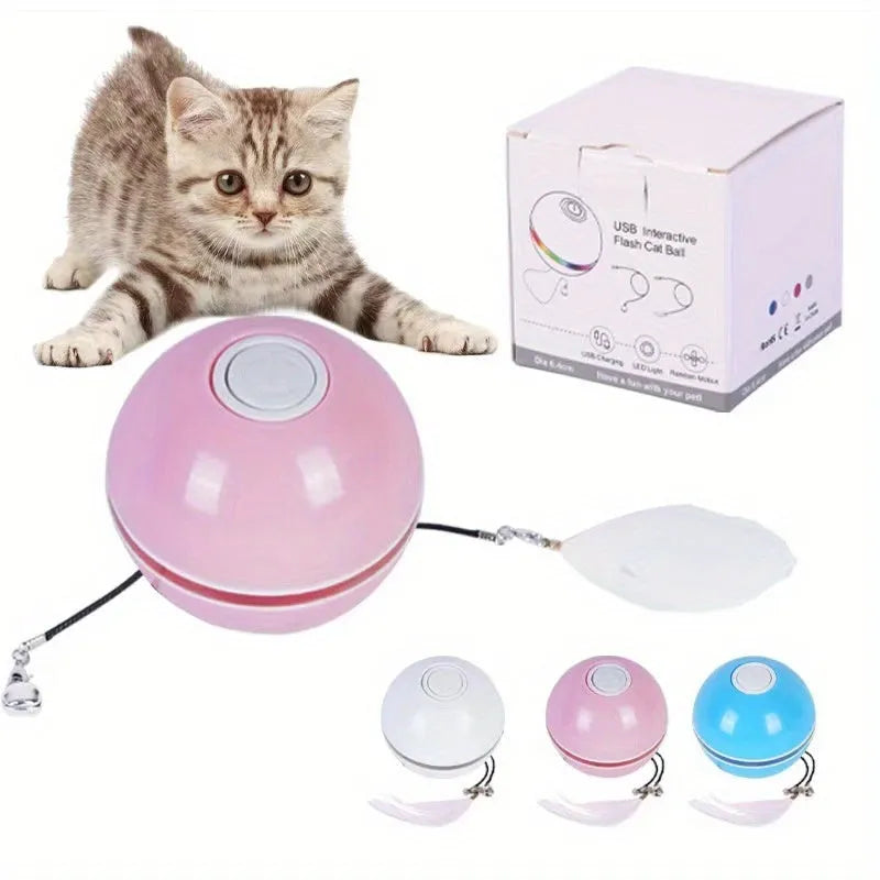 Electric cat toy with LED light and feather attachments in Pink colour on a white background