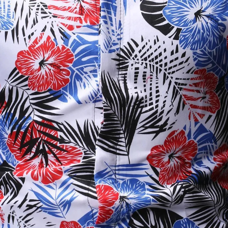 Men's summer beach short-sleeved floral shirt with square collar in blue polyester fibre