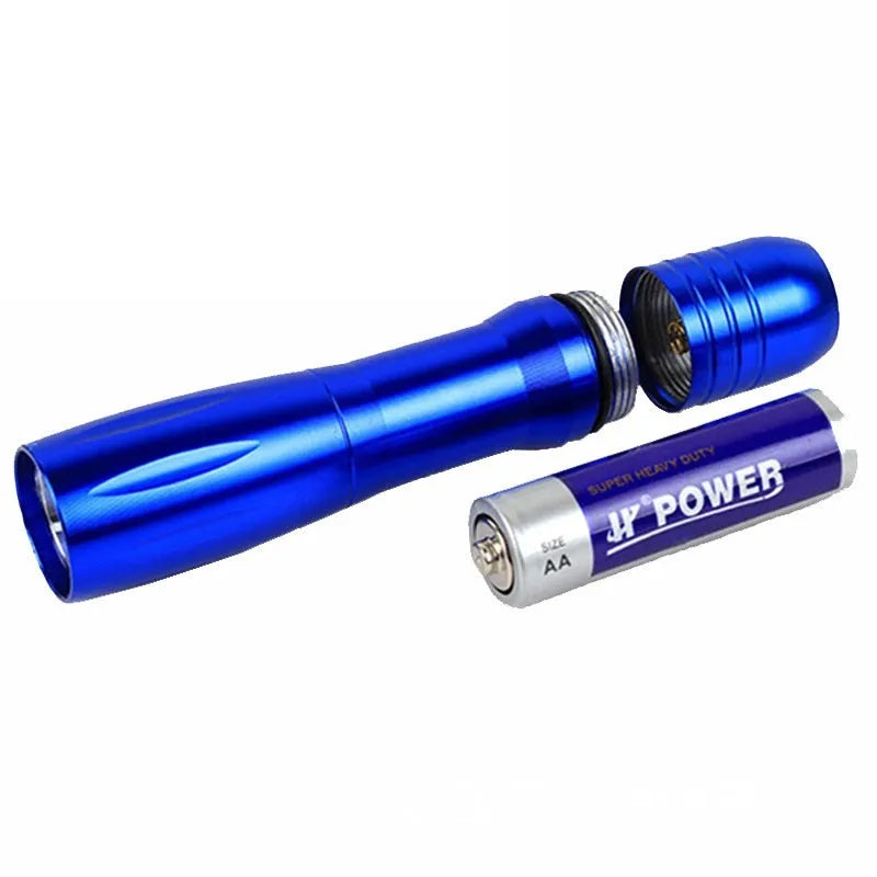 Waterproof LED flashlight with anodised aluminium alloy shell, black colour, non-slip grooved grip, and hand strap