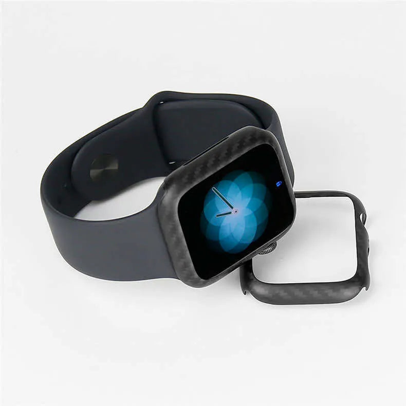 Ultra-thin carbon fibre and leather half wrap case for a 44mm Apple Watch Series 4.