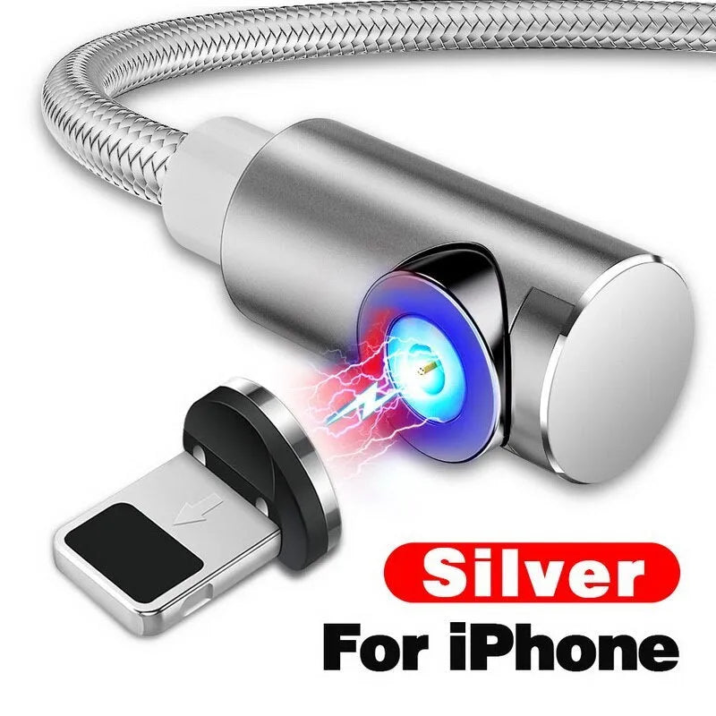 Black L-shaped magnetic charging cable with aluminium connectors for Micro USB, Lightning, and Type-C phones.