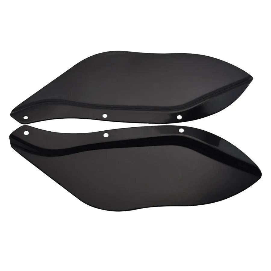 Pair of black and transparent ABS plastic side wing head covers for Harley-Davidson Touring motorcycle flank.