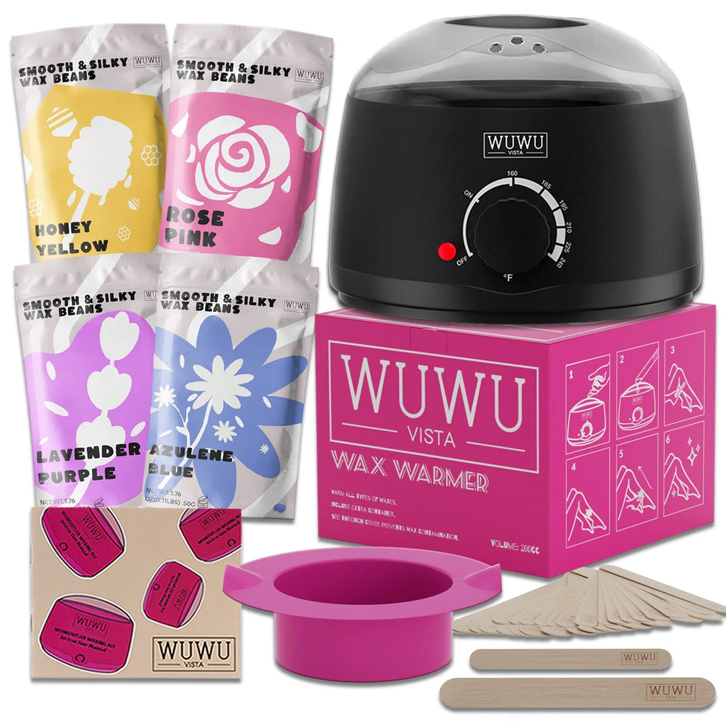 27-piece hair removal wax kit with wax machine, four colour wax beads, and wax sticks