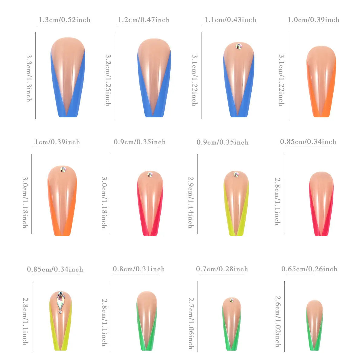 Detachable nail tips with diamond colour French finish and cartoon, love, cross heart patterns, plus jelly glue and filing strip.