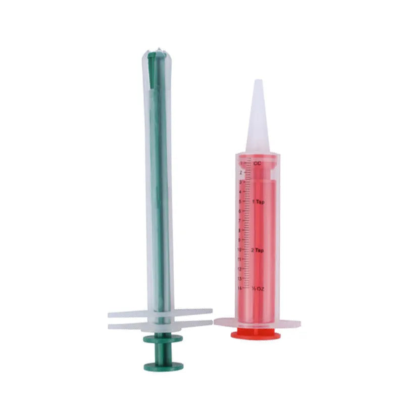 Two silicone pet pill shooter syringes with soft tips, one longer than the other, for administering tablets.