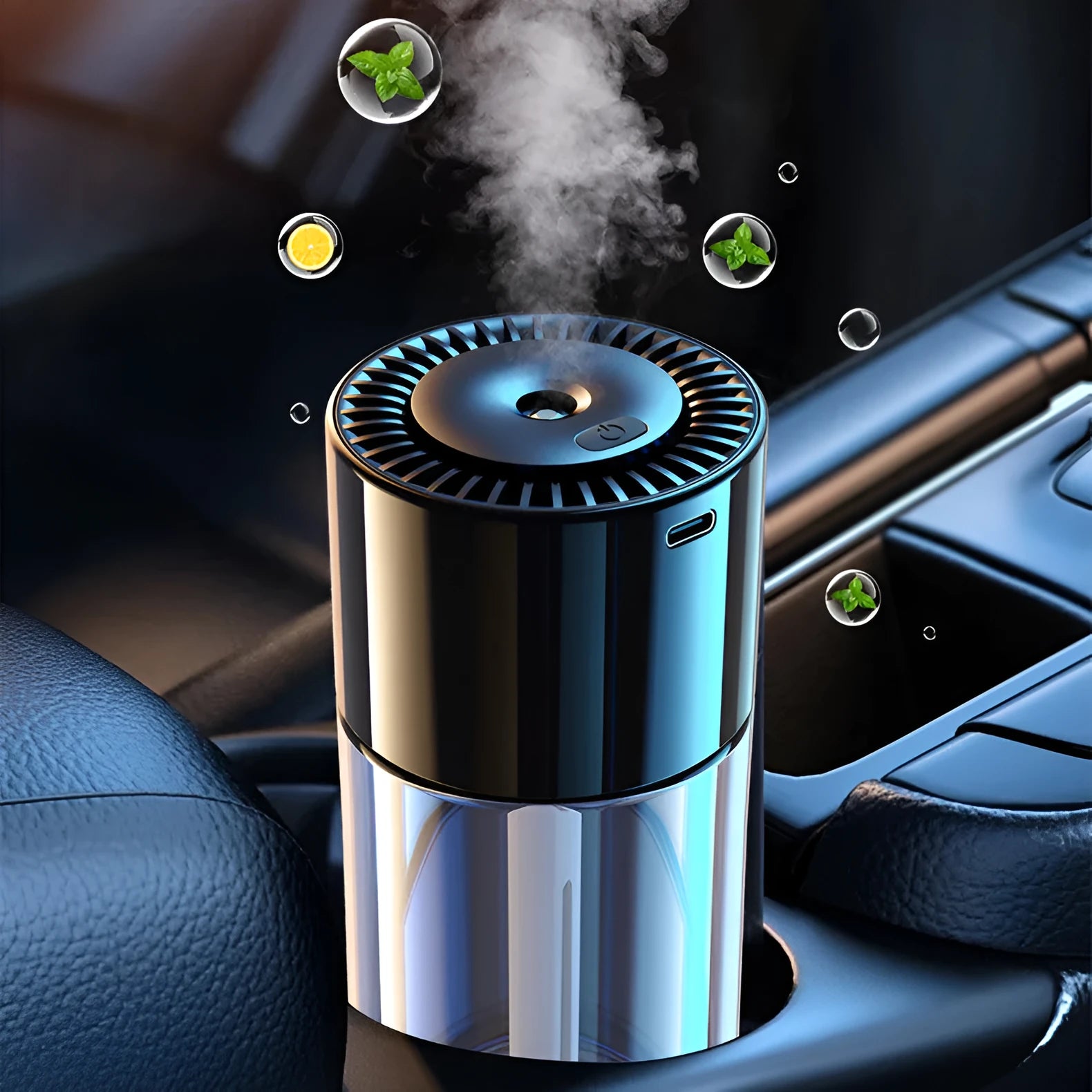 Plug-in USB perfume humidifier with glass seat in Classic Ocean aroma, 12.7cm tall.