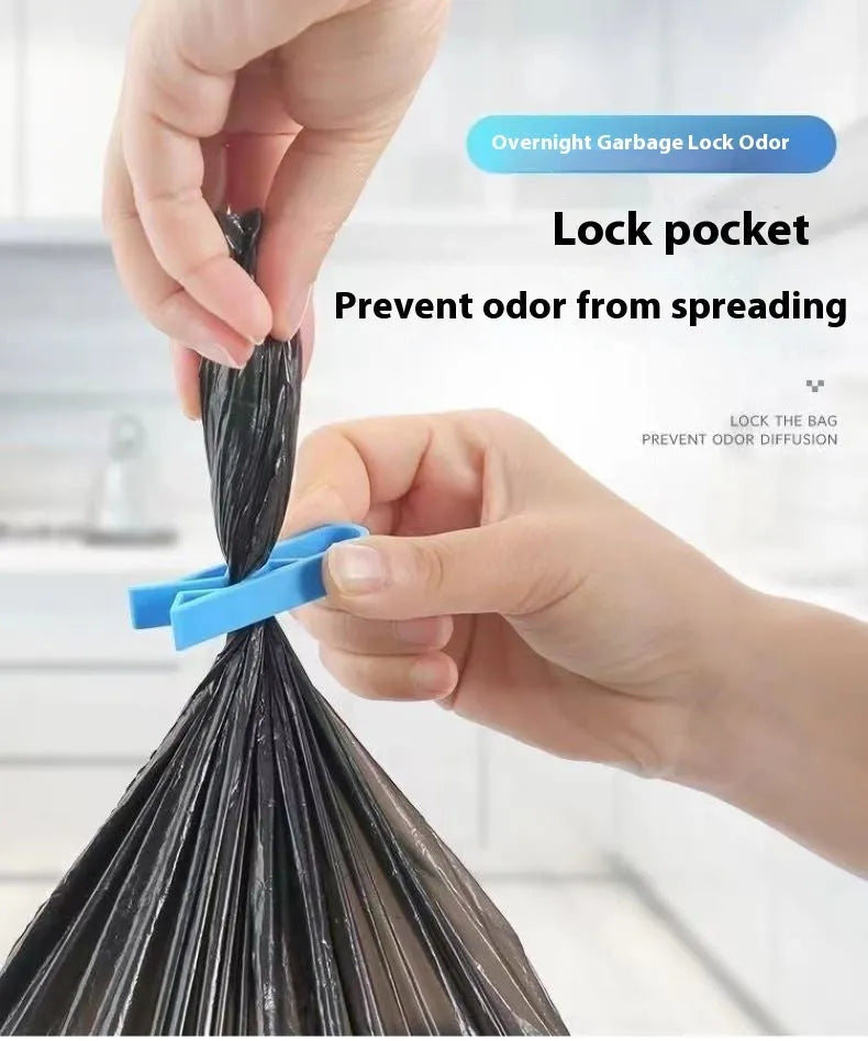 White PP plastic side-fixed clip for holding a bin bag on a trash can rim.