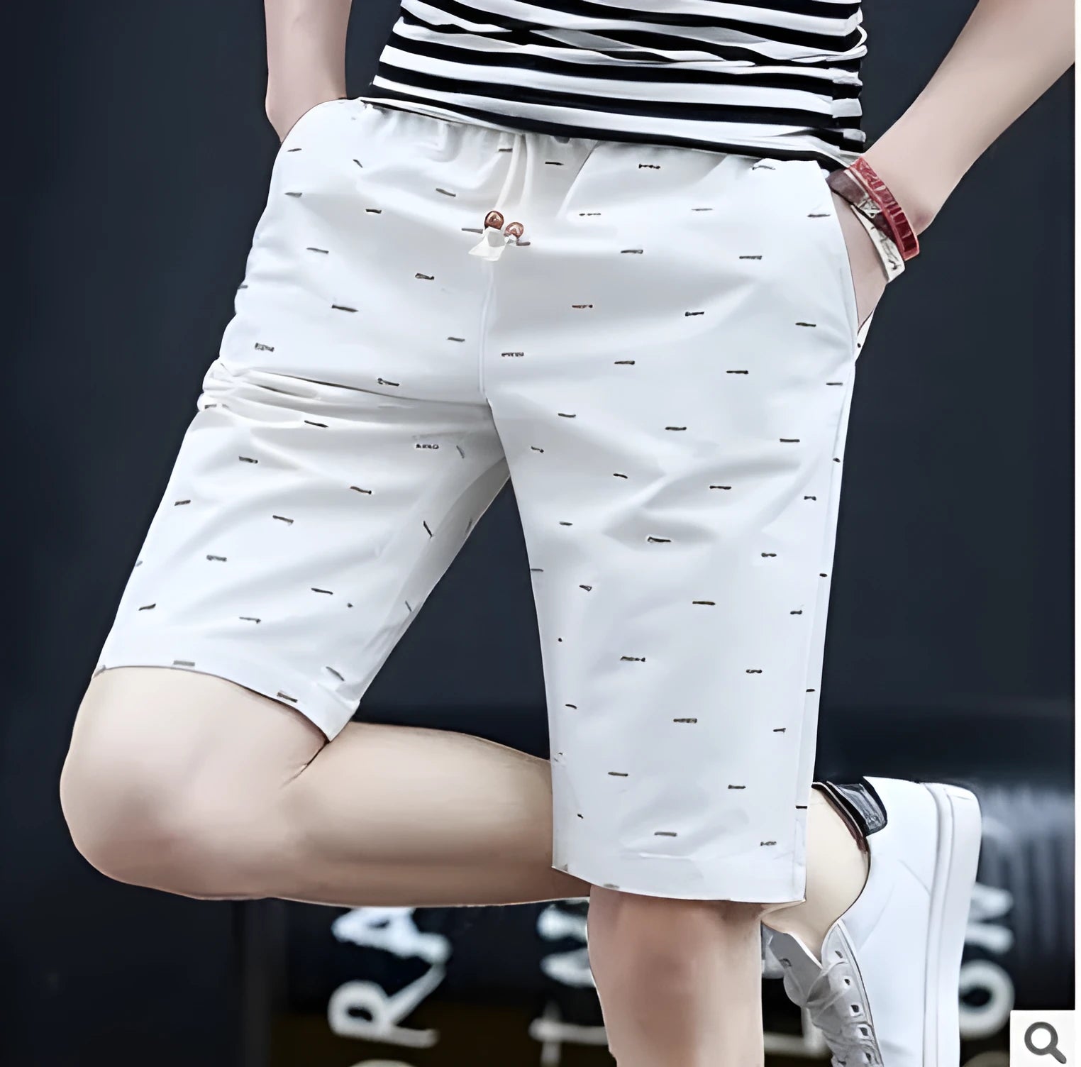 Men's cotton summer shorts with lace-up front closure in various colours showing mid-waist capri design