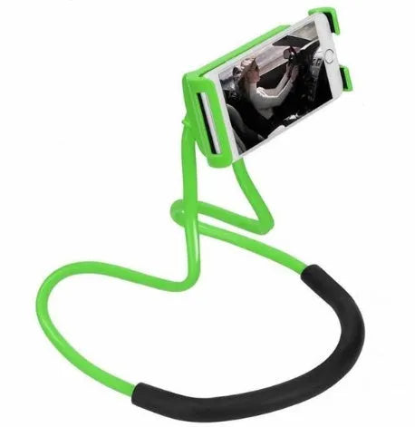 White flexible phone neck holder with 360-degree rotating clamp holding a smartphone