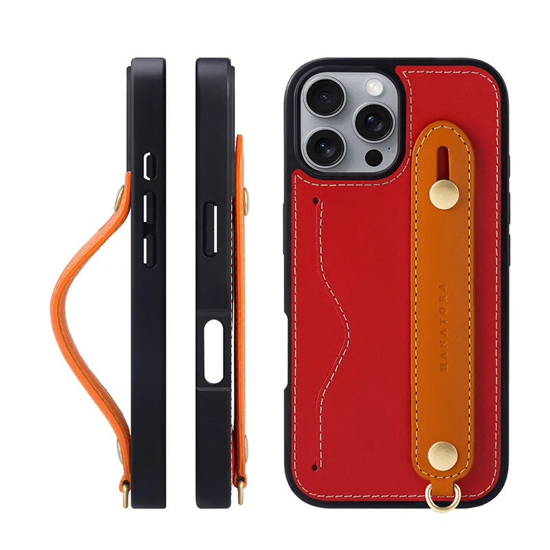First layer cowhide phone case for iPhone 15 Pro Max with lanyard holder, blue and black colour