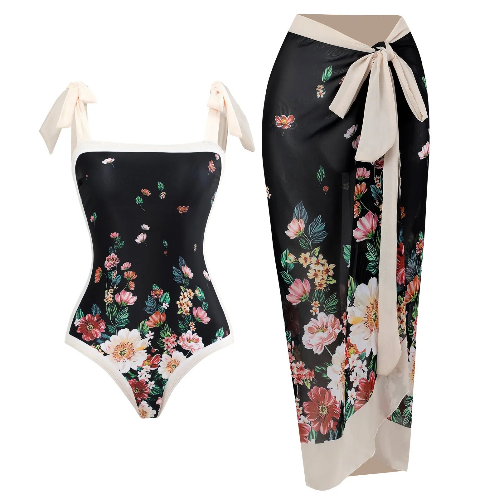 Women's retro floral one-piece swimsuit with chiffon skirt in multiple colour patterns