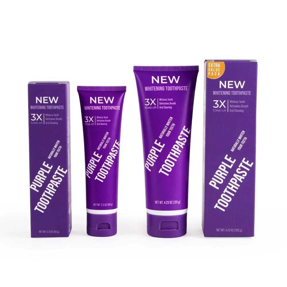 Purple whitening toothpaste tube for adult tooth discolouration treatment
